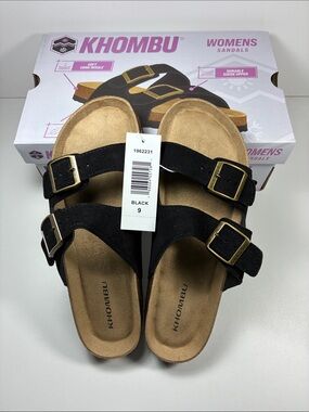 Khombu Black Double Buckle Slide Sandals with Gold Buckles